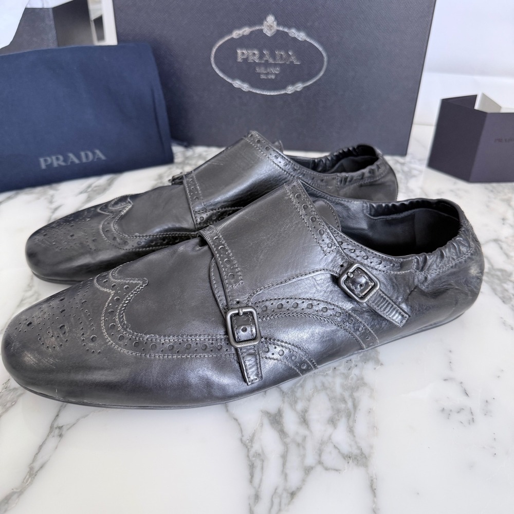 Prada 2EG469‎ Mens Leather Double Monk Strap Wingtip Shoes Grey Black UK 11